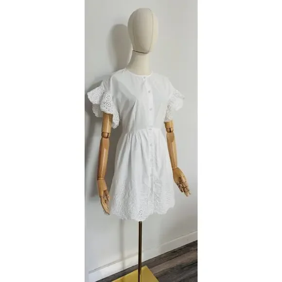 Rebecca Taylor La Vie Women Size S White Cotton Eyelet Scalloped Hem Shirt Dress - Picture 4 of 10